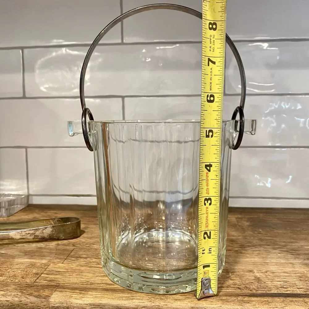 Vintage Crystal & Silver Ice Bucket With Tongs Barware Set Mid Century Modern